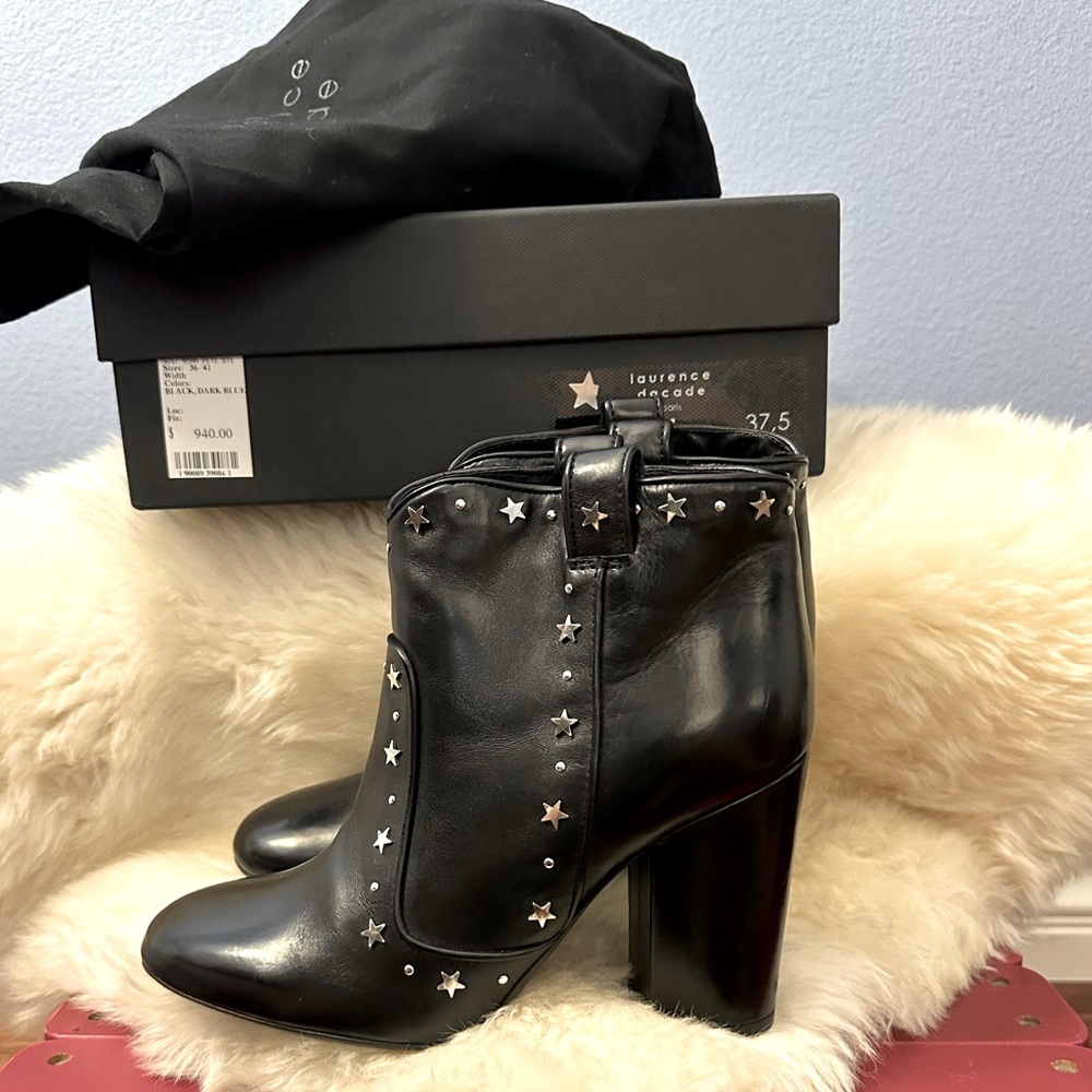 LAURENCE DECADE 37.5 Pete Star Studs black leather heeled bootie boots